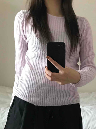 Round Neck Mohair Ribbed Slim Knit
