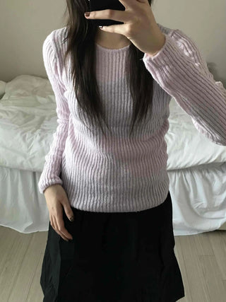 Round Neck Mohair Ribbed Slim Knit