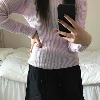 Round Neck Mohair Ribbed Slim Knit