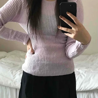 Round Neck Mohair Ribbed Slim Knit