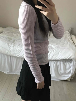 Round Neck Mohair Ribbed Slim Knit