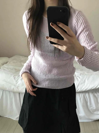 Round Neck Mohair Ribbed Slim Knit