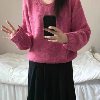 Alpaca Balloon Sleeve Oversized V-Neck Knit