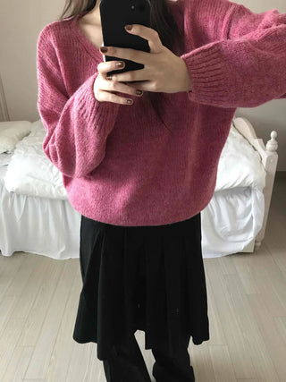 Alpaca Balloon Sleeve Oversized V-Neck Knit