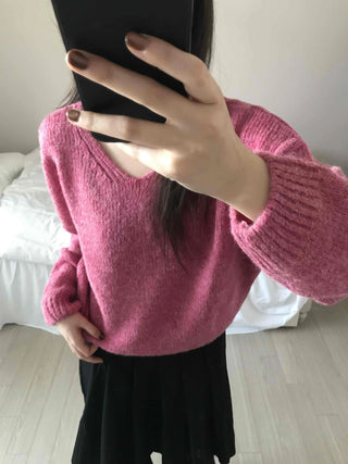 Alpaca Balloon Sleeve Oversized V-Neck Knit