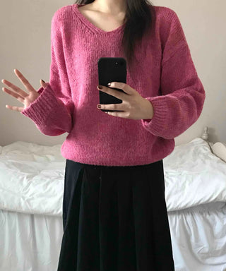 Alpaca Balloon Sleeve Oversized V-Neck Knit