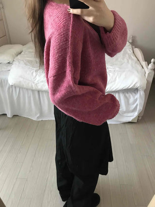 Alpaca Balloon Sleeve Oversized V-Neck Knit