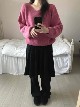 Alpaca Balloon Sleeve Oversized V-Neck Knit