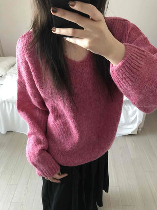Alpaca Balloon Sleeve Oversized V-Neck Knit