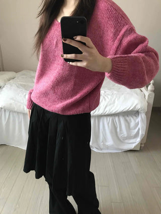 Alpaca Balloon Sleeve Oversized V-Neck Knit