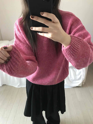 Alpaca Balloon Sleeve Oversized V-Neck Knit