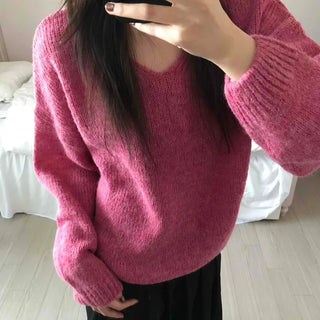 Alpaca Balloon Sleeve Oversized V-Neck Knit