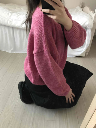 Alpaca Balloon Sleeve Oversized V-Neck Knit