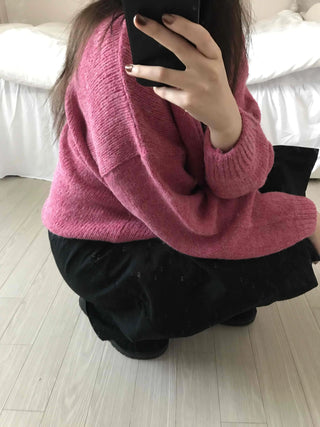 Alpaca Balloon Sleeve Oversized V-Neck Knit