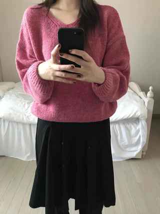 Alpaca Balloon Sleeve Oversized V-Neck Knit