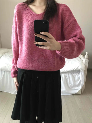 Alpaca Balloon Sleeve Oversized V-Neck Knit