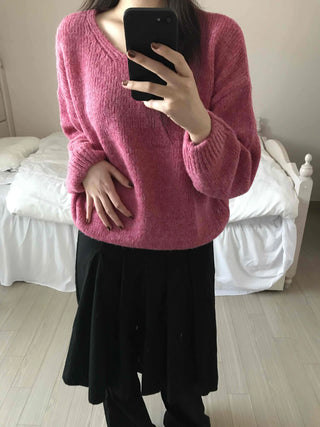 Alpaca Balloon Sleeve Oversized V-Neck Knit