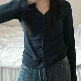 Minimal Punched Shirred Cotton Ribbed Cardigan