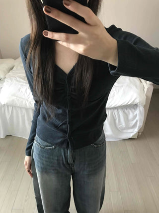 Minimal Punched Shirred Cotton Ribbed Cardigan