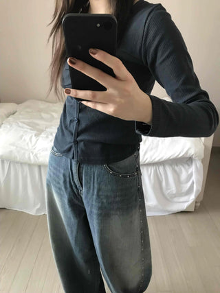 Minimal Punched Shirred Cotton Ribbed Cardigan