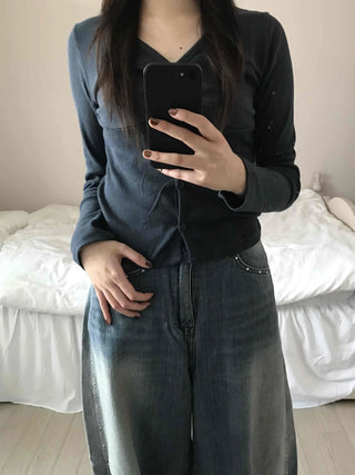 Minimal Punched Shirred Cotton Ribbed Cardigan