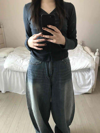 Minimal Punched Shirred Cotton Ribbed Cardigan