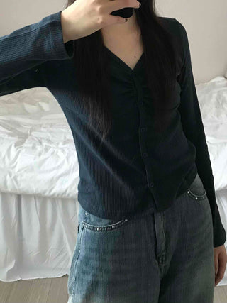 Minimal Punched Shirred Cotton Ribbed Cardigan
