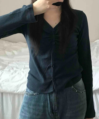 Minimal Punched Shirred Cotton Ribbed Cardigan