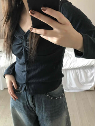 Minimal Punched Shirred Cotton Ribbed Cardigan