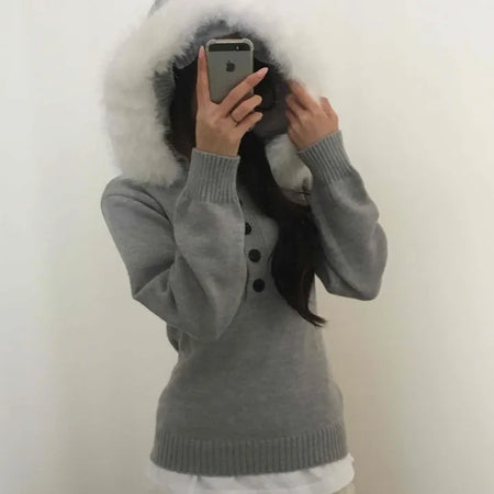 Soft Swan Fur Collar Half Button Knit