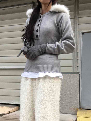 Soft Swan Fur Collar Half Button Knit