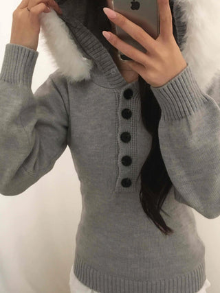 Soft Swan Fur Collar Half Button Knit