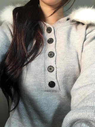 Soft Swan Fur Collar Half Button Knit