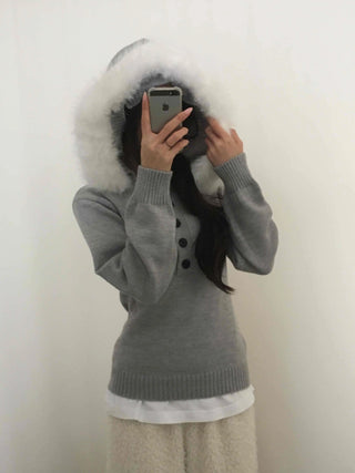 Soft Swan Fur Collar Half Button Knit
