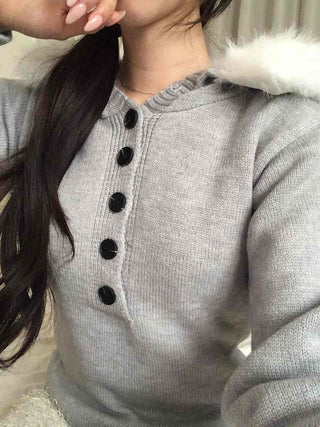 Soft Swan Fur Collar Half Button Knit