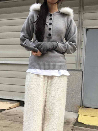 Soft Swan Fur Collar Half Button Knit