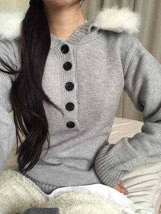 Soft Swan Fur Collar Half Button Knit