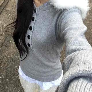 Soft Swan Fur Collar Half Button Knit