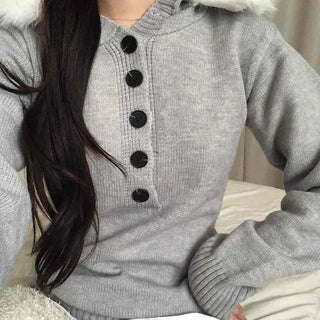Soft Swan Fur Collar Half Button Knit