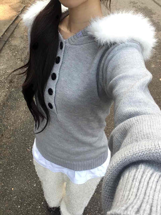Soft Swan Fur Collar Half Button Knit