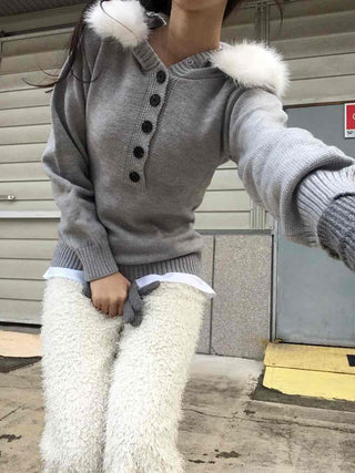 Soft Swan Fur Collar Half Button Knit