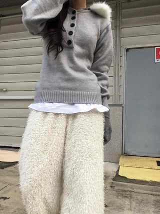 Soft Swan Fur Collar Half Button Knit