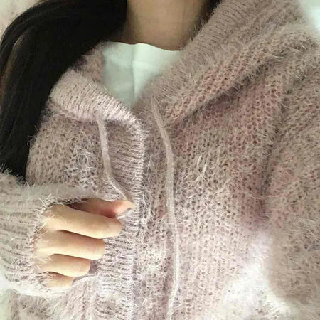 Cozy Shaggy Drawstring Hooded Zip-Up Knit Cardigan