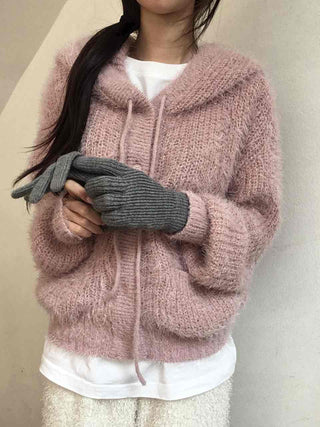 Cozy Shaggy Drawstring Hooded Zip-Up Knit Cardigan