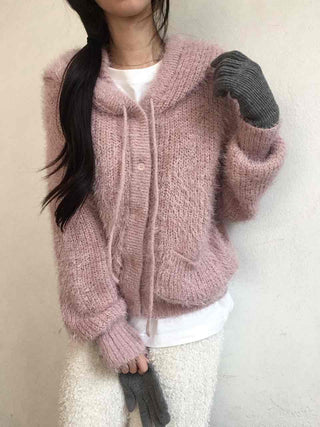 Cozy Shaggy Drawstring Hooded Zip-Up Knit Cardigan