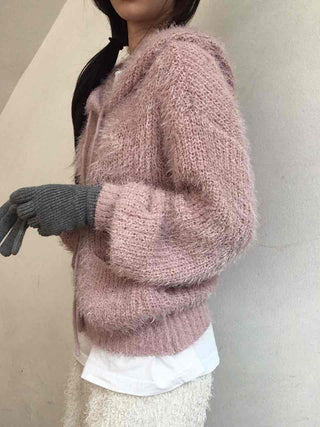Cozy Shaggy Drawstring Hooded Zip-Up Knit Cardigan
