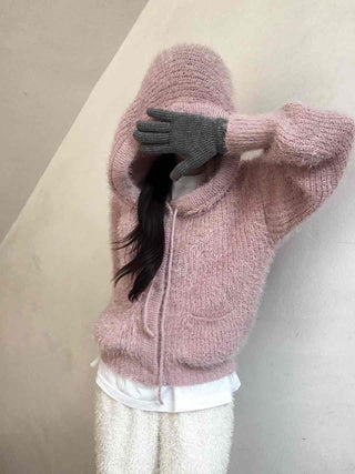 Cozy Shaggy Drawstring Hooded Zip-Up Knit Cardigan
