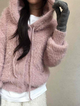 Cozy Shaggy Drawstring Hooded Zip-Up Knit Cardigan