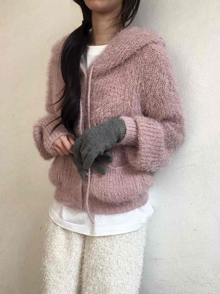 Cozy Shaggy Drawstring Hooded Zip-Up Knit Cardigan