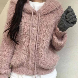 Cozy Shaggy Drawstring Hooded Zip-Up Knit Cardigan